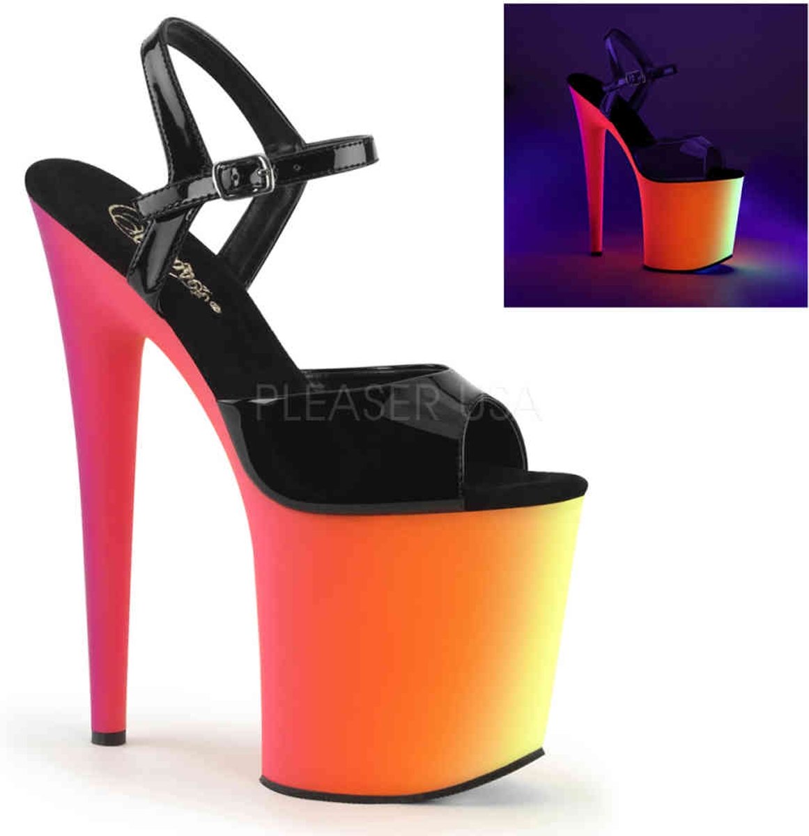 EU 36 = US 6 | RAINBOW-809UV | 8 Heel, 4 PF Ankle Strap Sandal W/Neon MC PF Bottom